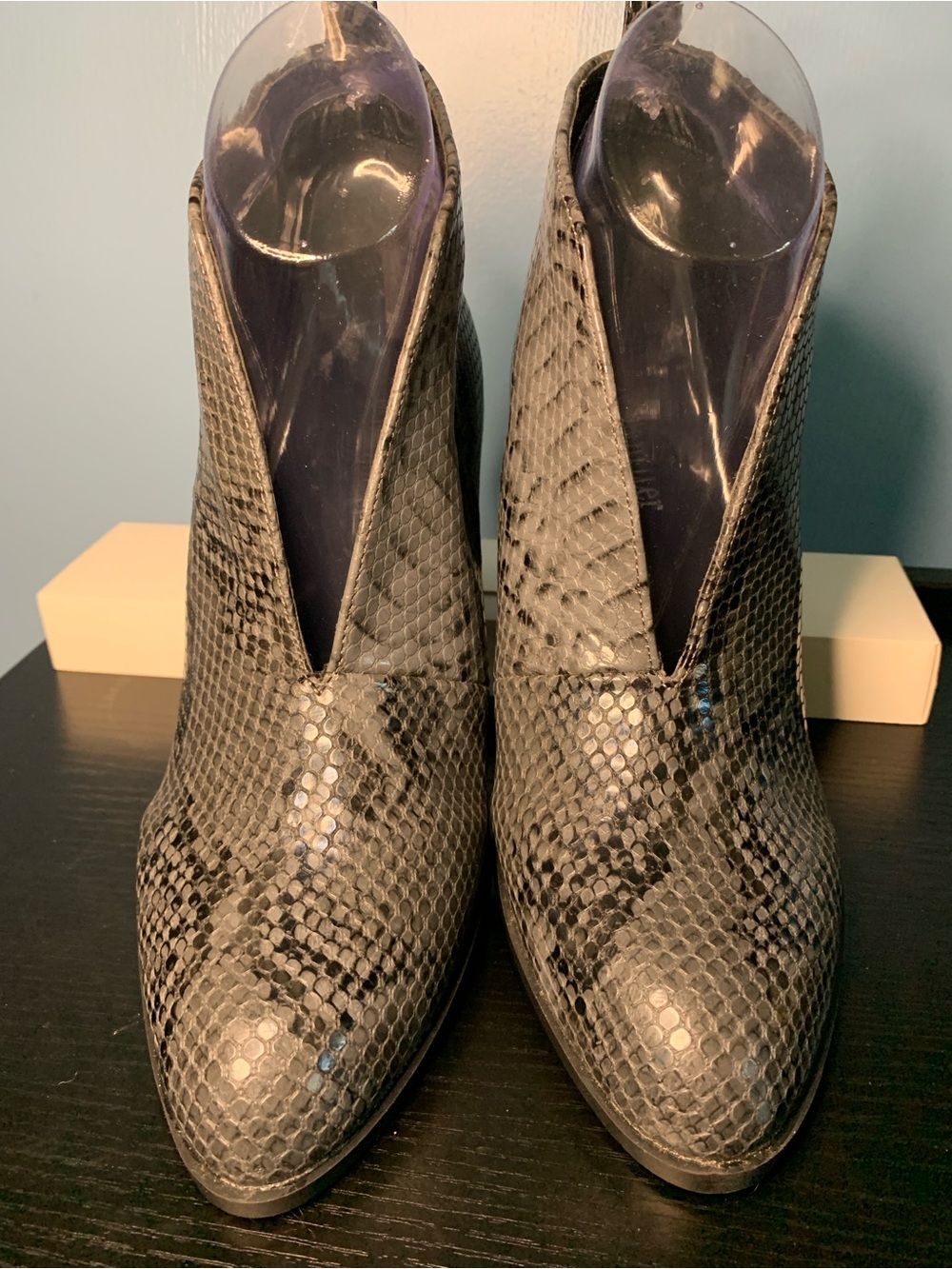 Olivia Miller Grey Snakeskin-Texture Pointed Toe Ankle Booties